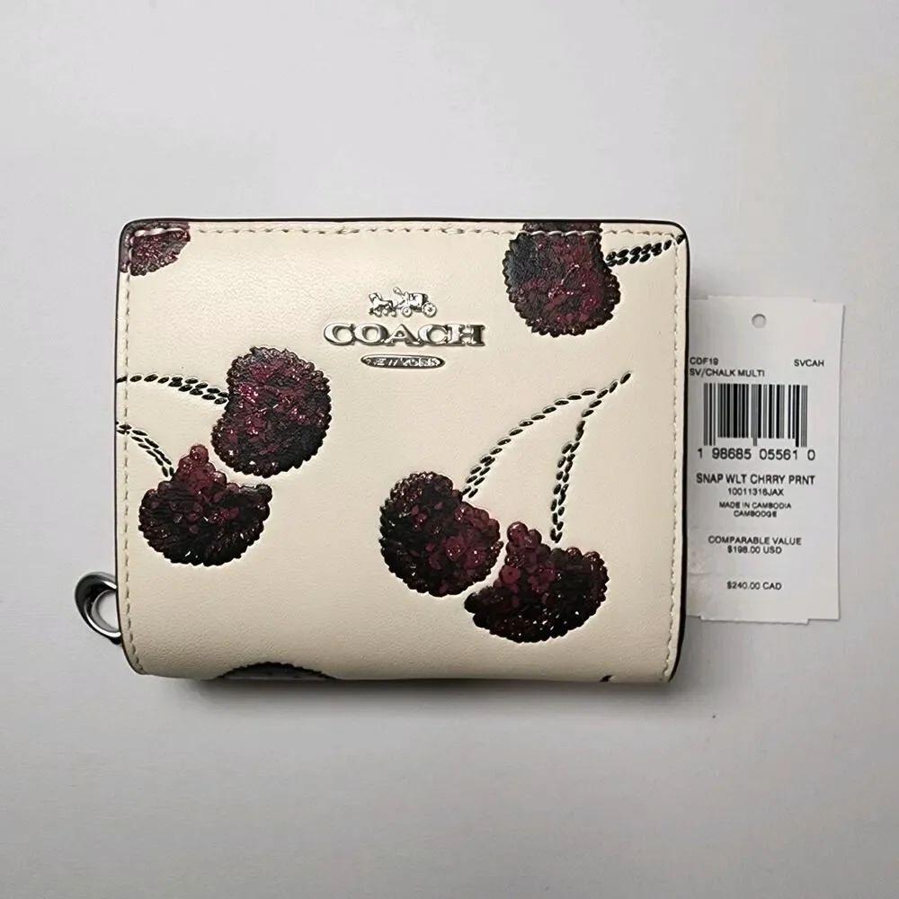 NWT Coach CDF19 Leather Snap Wallet w/ Cherry Print Chalk